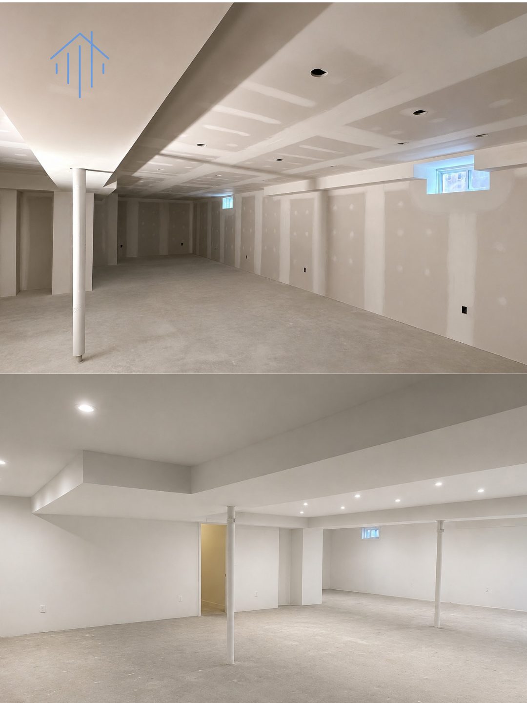 Finished basement renovation with drywall, recessed lighting, and open framing