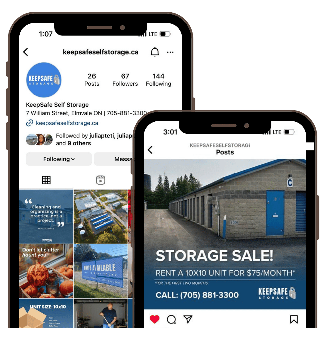 Instagram profile and storage sale post created for a self-storage marketing client